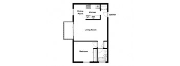 One bedroom, one bathroom apartment layout at Garden Court Apartments in Windsor, ON