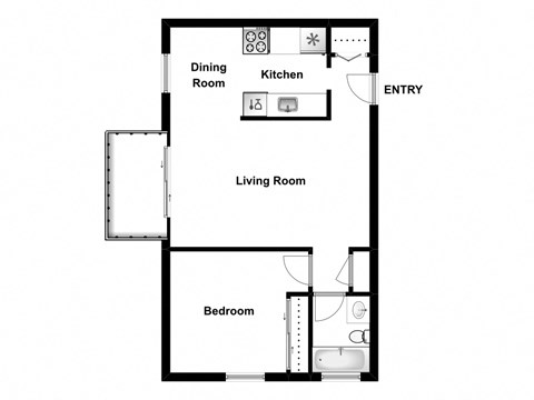 One bedroom, one bathroom apartment layout at Garden Court Apartments in Windsor, ON