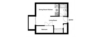 One bedroom, one bathroom apartment layout at Garden Court Apartments in Windsor, ON