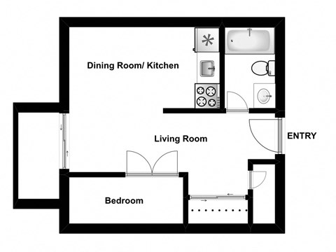 One bedroom, one bathroom apartment layout at Garden Court Apartments in Windsor, ON