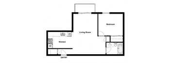 One bedroom, one bathroom apartment layout at Garden Court Apartments in Windsor, ON