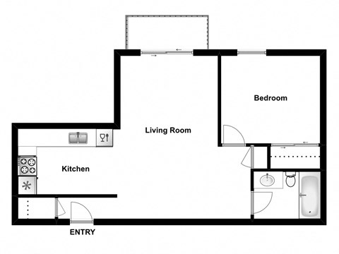 One bedroom, one bathroom apartment layout at Garden Court Apartments in Windsor, ON