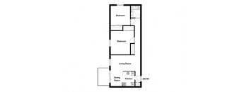 Two bedroom, one bathroom apartment layout at Garden Court Apartments in Windsor, ON