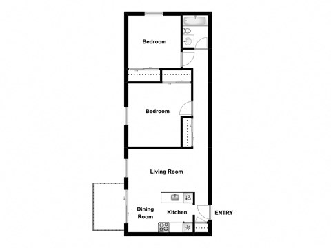Two bedroom, one bathroom apartment layout at Garden Court Apartments in Windsor, ON
