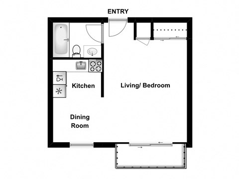 Bachelor, one bathroom apartment layout at Garden Court Apartments in Windsor, ON