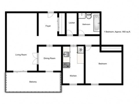 One bedroom, one bathroom apartment layout at Northgate Tower in Woodstock, ON