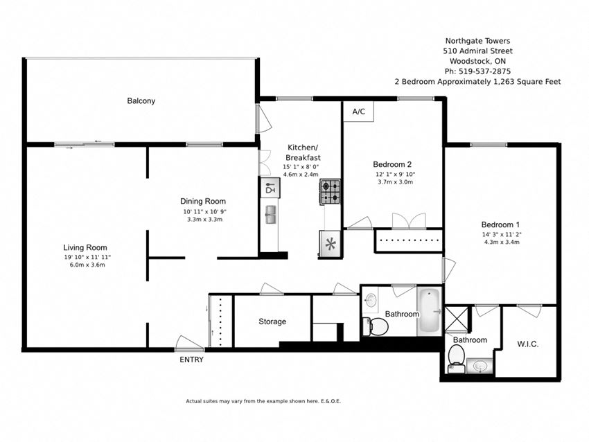 Two bedroom, two bathroom apartment layout at Northgate Tower in Woodstock, ON