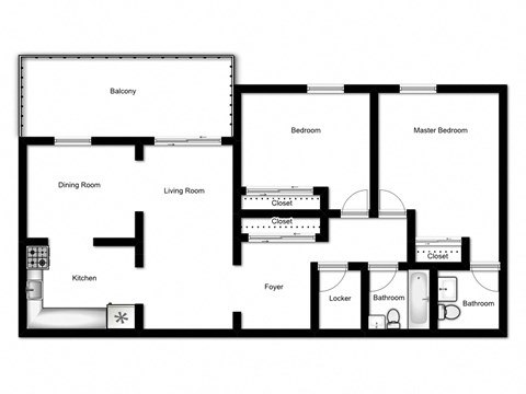 Two bedroom, one bathroom apartment layout at Northgate Tower in Woodstock, ON
