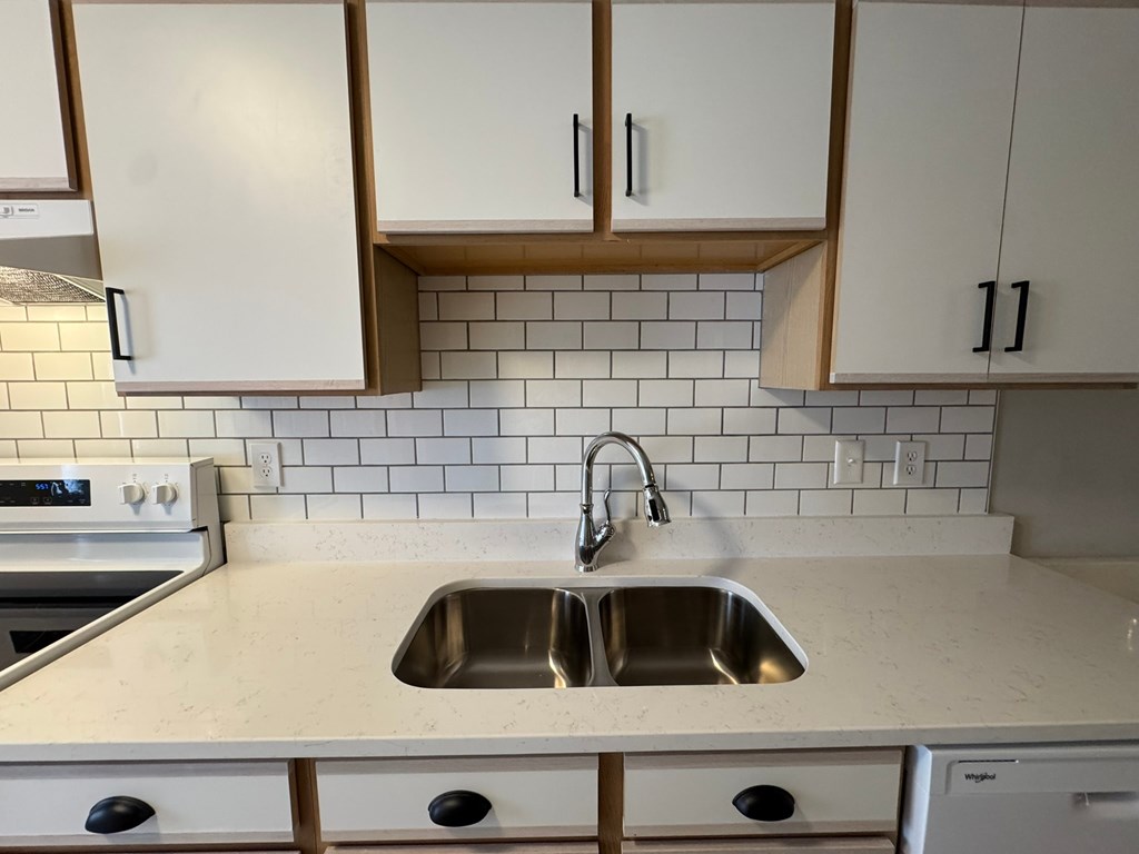A kitchen with a sink and a stove top oven.