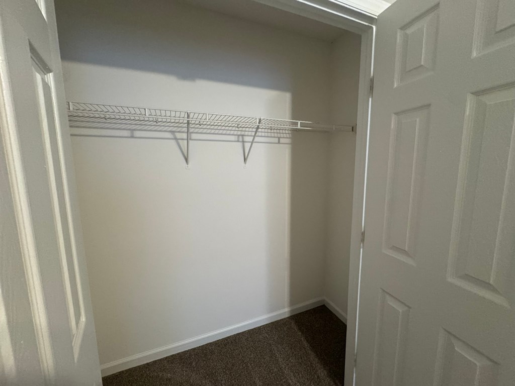 A white closet with a wire shelf and a white door.