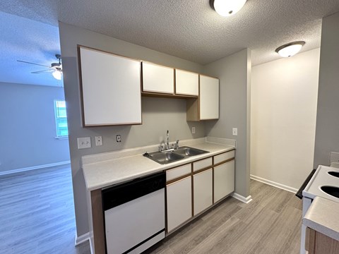 A kitchen with white cabinets and a black dishwasher.
