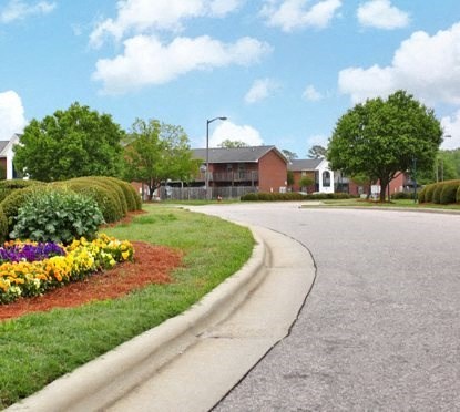 a street with a sidewalk and a yard with flowers