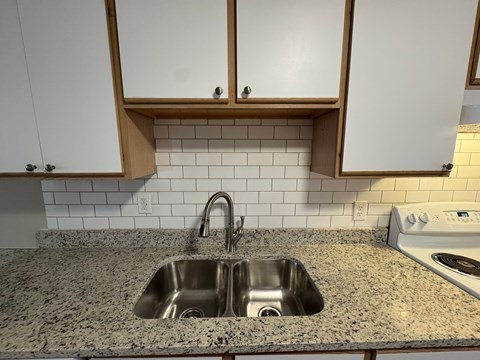 a kitchen with a sink and white cabinets
