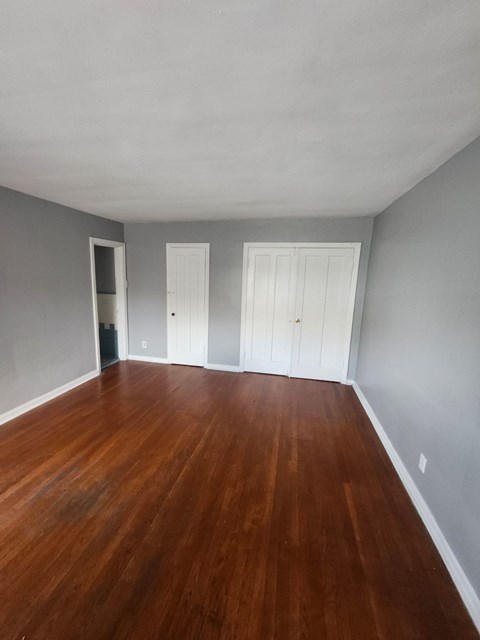 A room with wooden floors and two white doors.