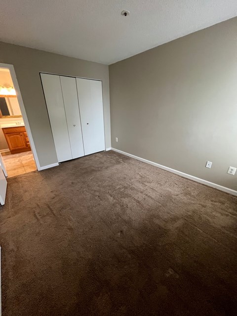 A room with carpeted floor and a wall-mounted cabinet.
