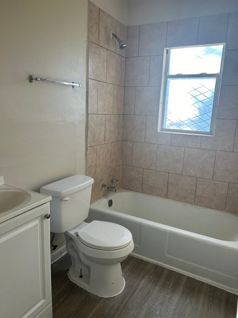 a bathroom with a toilet and a tub and a window
