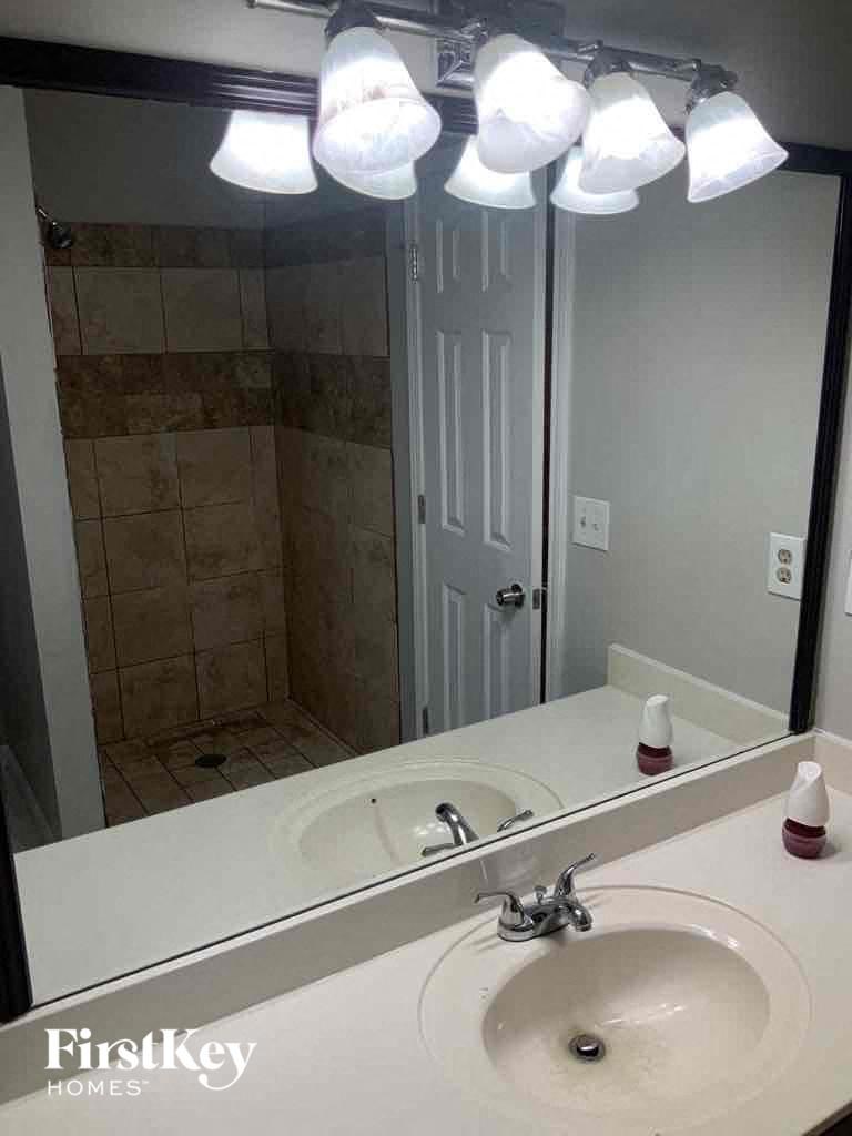 a bathroom with a sink and a mirror