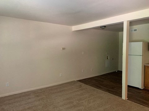 A room with a carpeted floor and a white door.