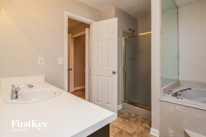 a bathroom with a sink and a shower and a mirror