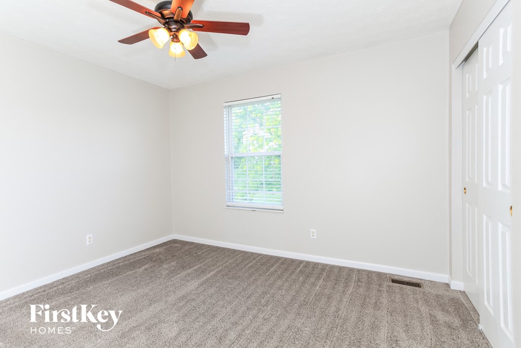 A room with a carpet floor, a ceiling fan, and a window with a view of trees.