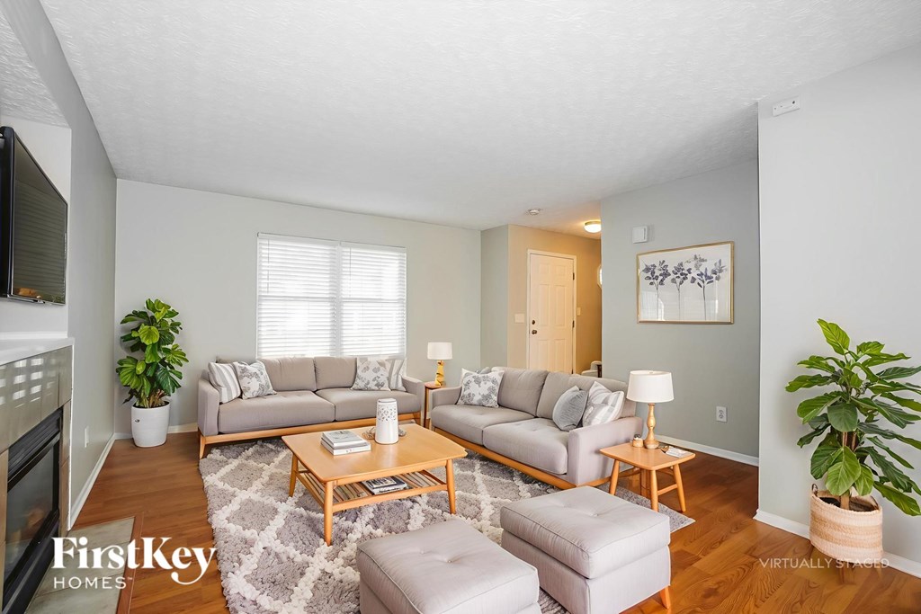 A living room with a grey couch, a coffee table, and a potted plant.