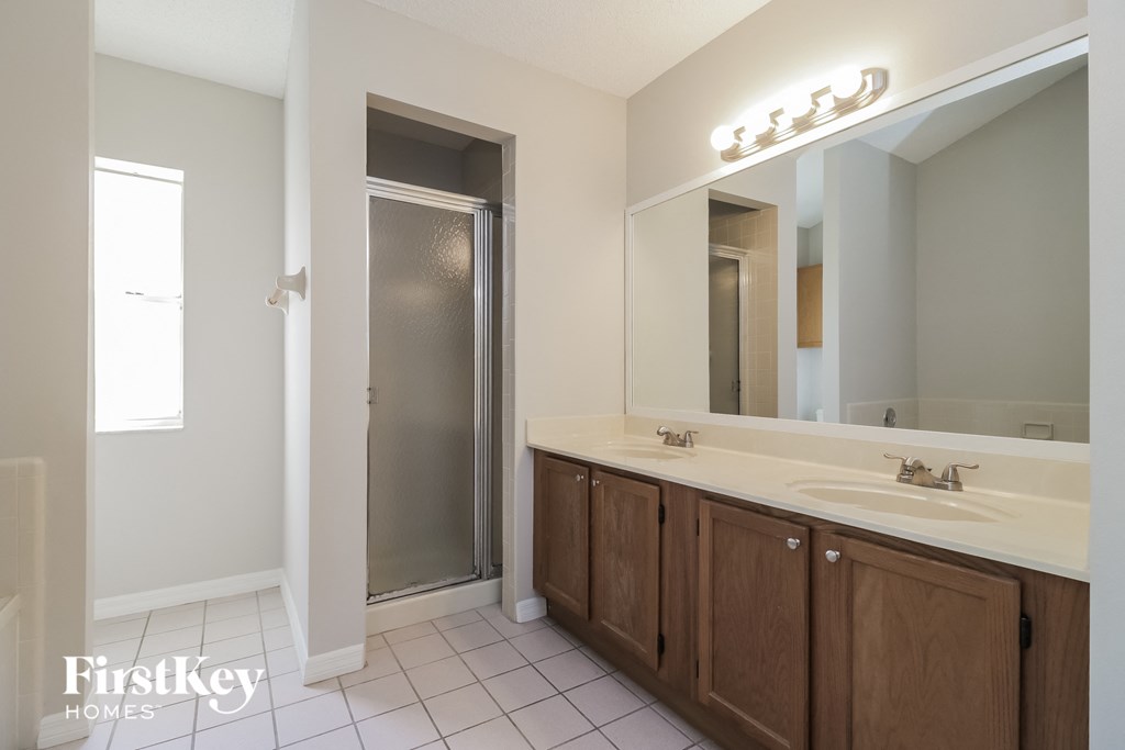 a bathroom with a sink and a shower and a mirror