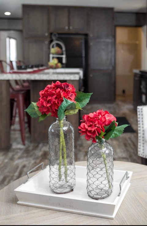 two red flowers in glass vases on a table
