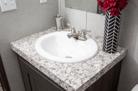 a bathroom counter with a sink and a vase with red flowers