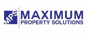 a blue and white logo for maxim property solutions