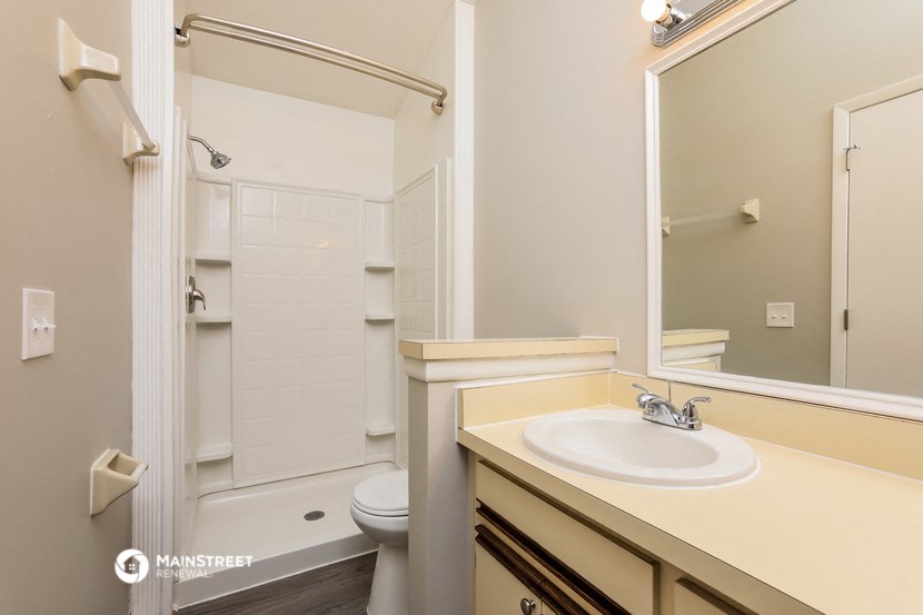 a bathroom with a sink and a shower and a toilet