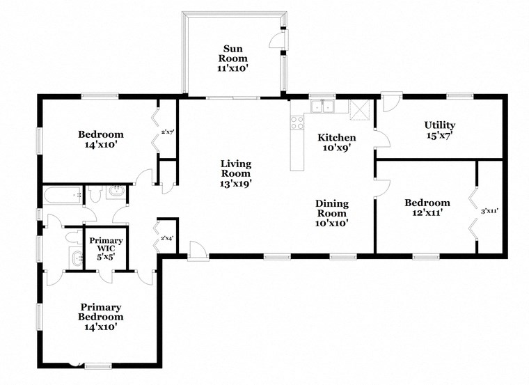 a floor plan of a house with an open floor plan with bedrooms and a kitchen