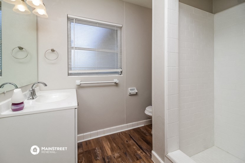 a bathroom with a sink and a toilet and a shower