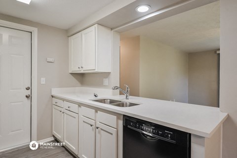 a kitchen with white cabinets and a sink and a dishwasher