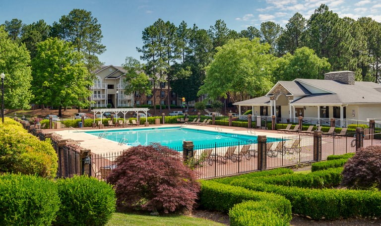 A pool surrounded by green bushes and trees.