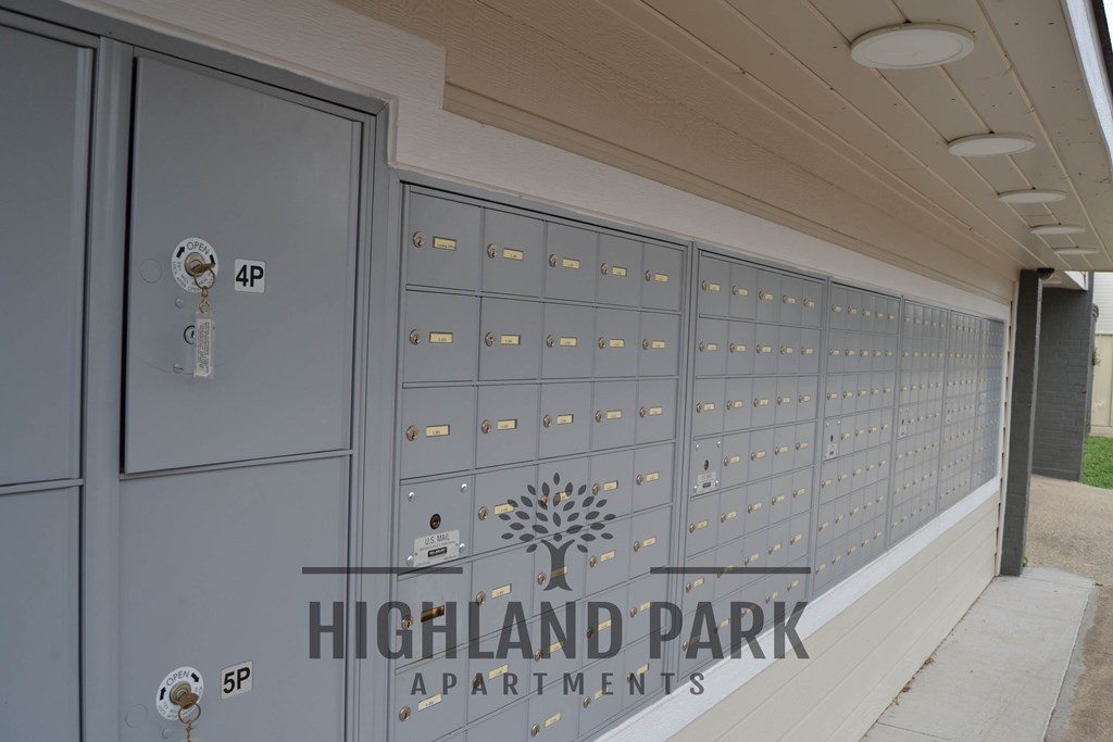 the highland park apartments lockers are shown at the entrance to the building