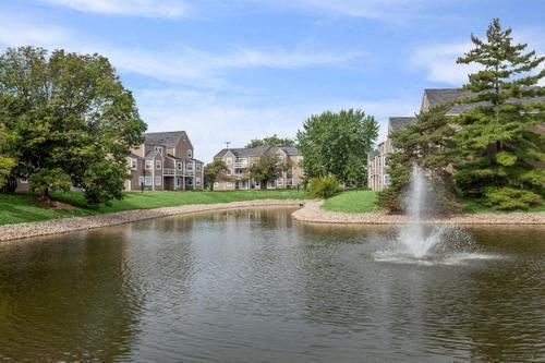 a fountain in the middle of a pond with houses