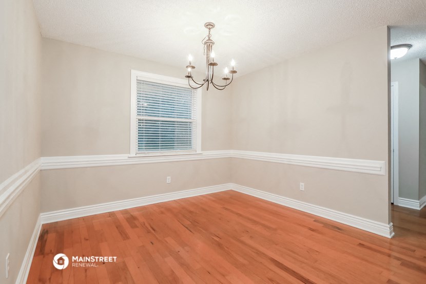 the dining room with hardwood flooring and a chandelier