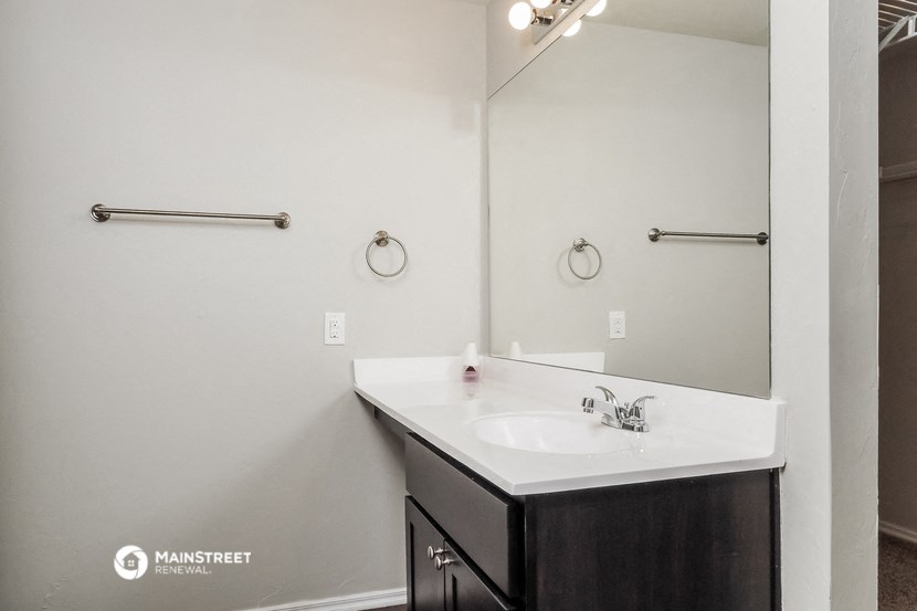a bathroom with a sink and a large mirror