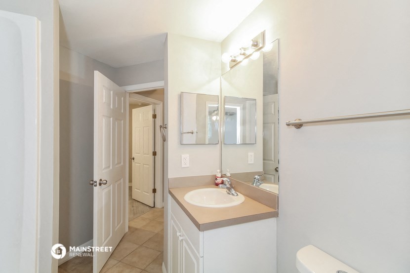 a bathroom with a sink and a mirror and a shower