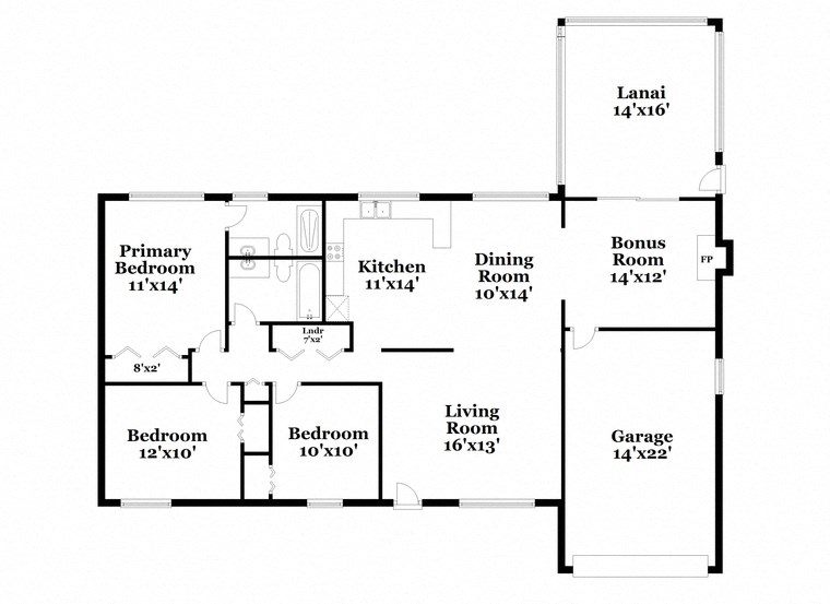 floor plan of the first floor of a house with bedrooms and baths and a kitchen