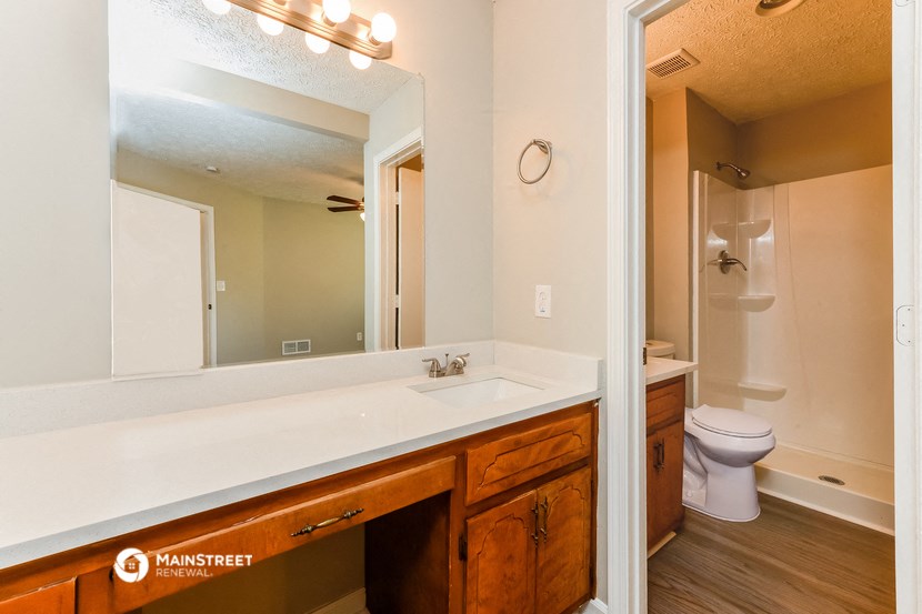 a bathroom with a sink and a mirror and a toilet