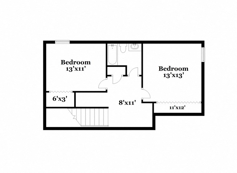 floor plan of a 1100 sq ft floor plan with bedrooms and baths