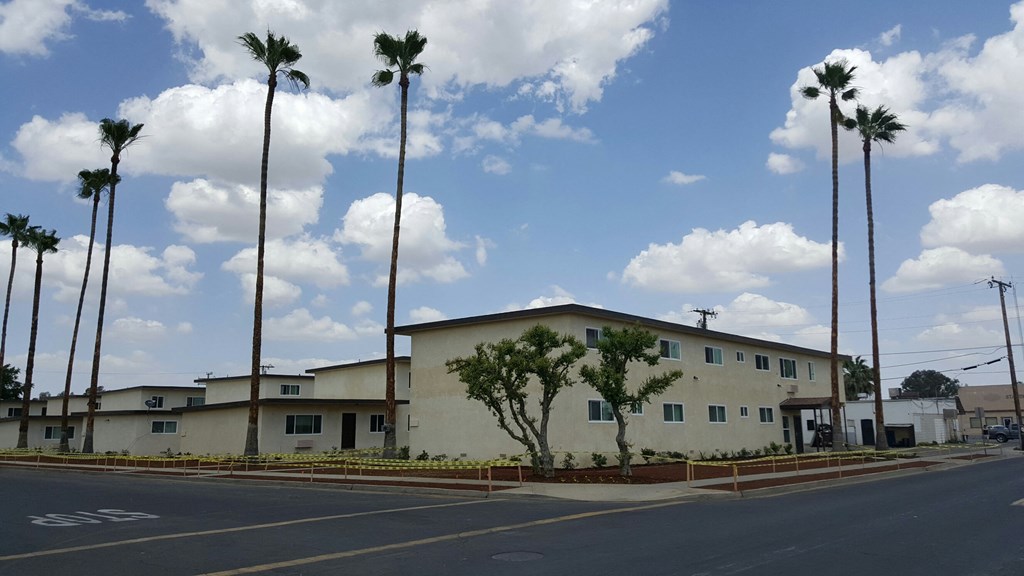 a large building with palm trees in front of it on a street