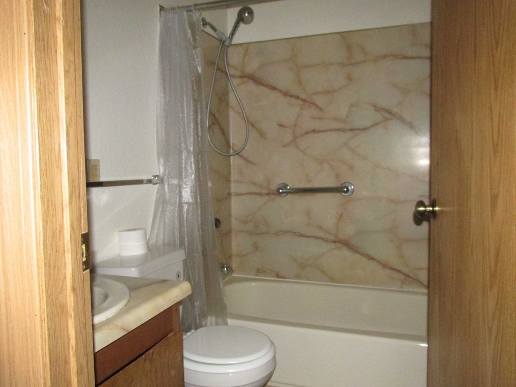 a bathroom with a toilet and a tub and a sink