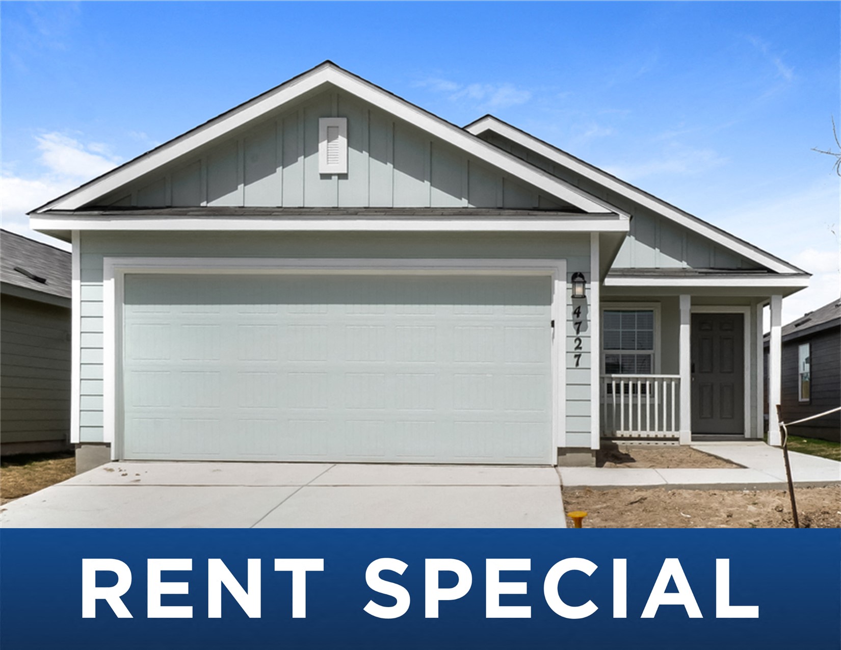 a house with a rental special sign in front of it