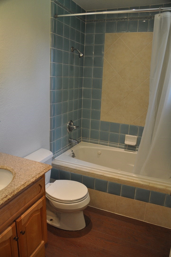 a bathroom with a toilet and a tub and a sink