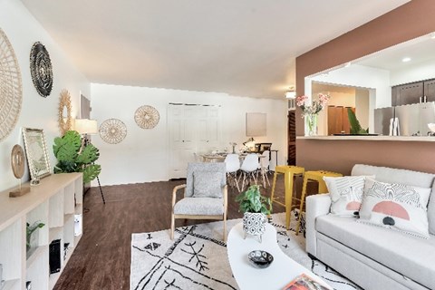 A living room with a white couch, a grey armchair, a coffee table, and a rug with a black and white design.