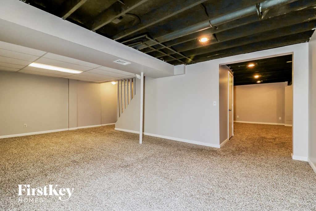 a basement with white walls and a carpeted floor and a door to a closet