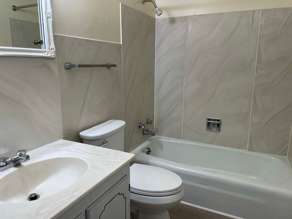 a bathroom with a shower toilet and sink