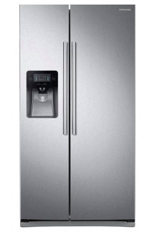 a stainless steel refrigerator with a water dispenser
